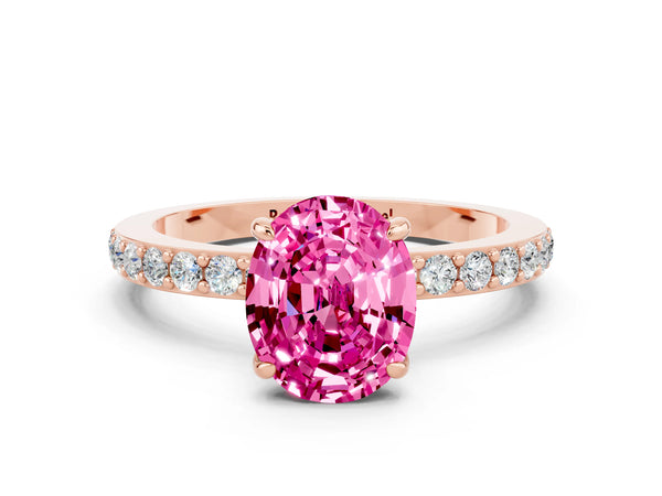 Rose gold Oval Cut Pink Sapphire Solitaire Engagement Ring with Pavé Band and Four-Prong Setting