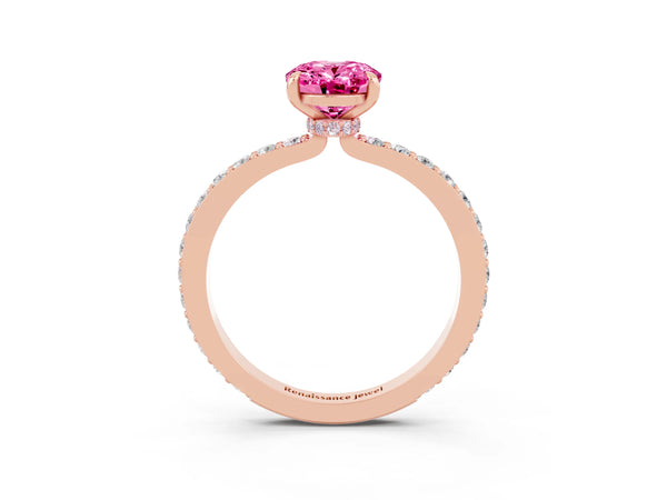 Rose gold Oval Cut Pink Sapphire Solitaire Engagement Ring with Pavé Band and Four-Prong Setting