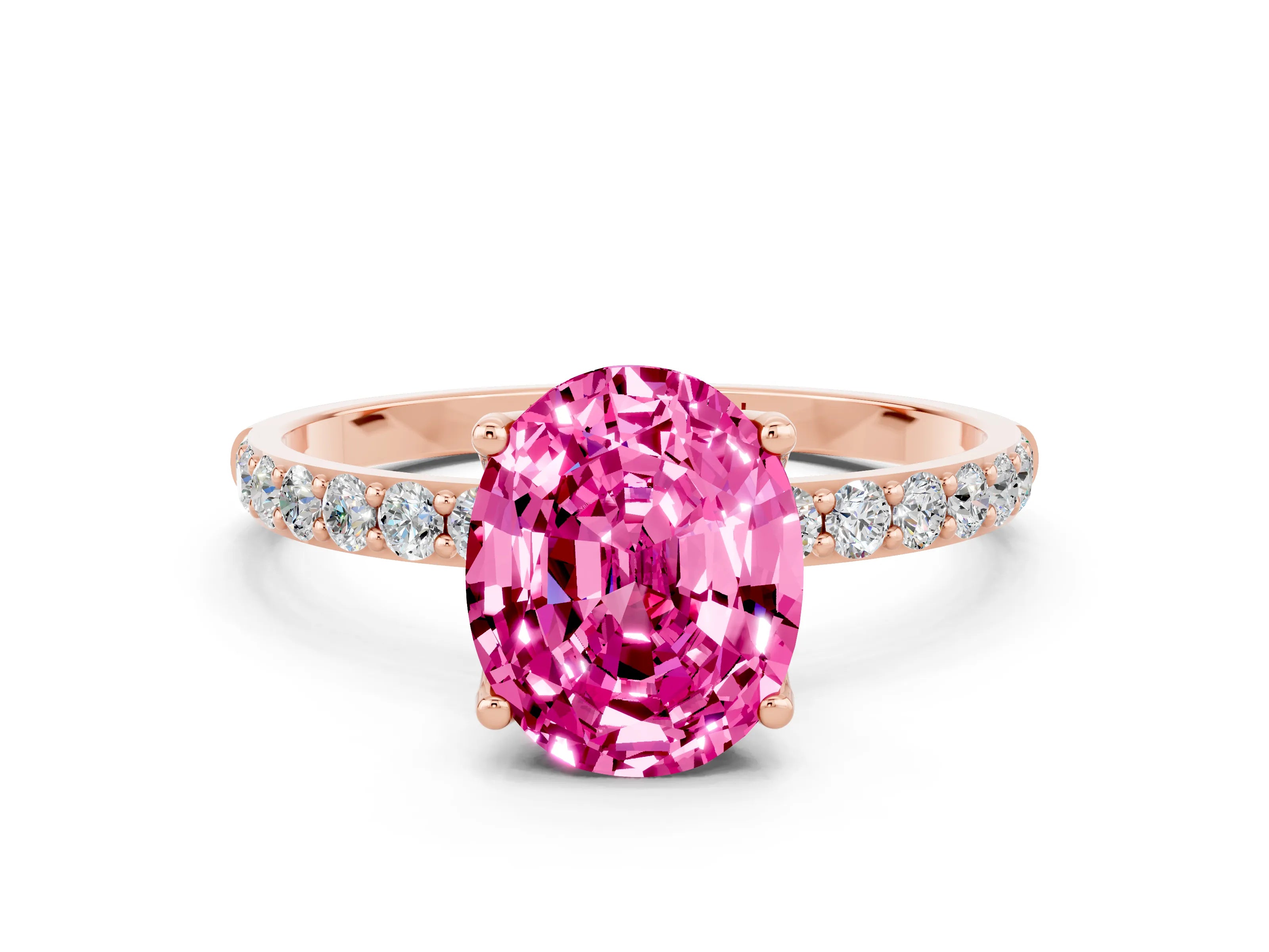 Rose gold Oval Cut Pink Sapphire Solitaire Engagement Ring with Pavé Band and Prong Setting