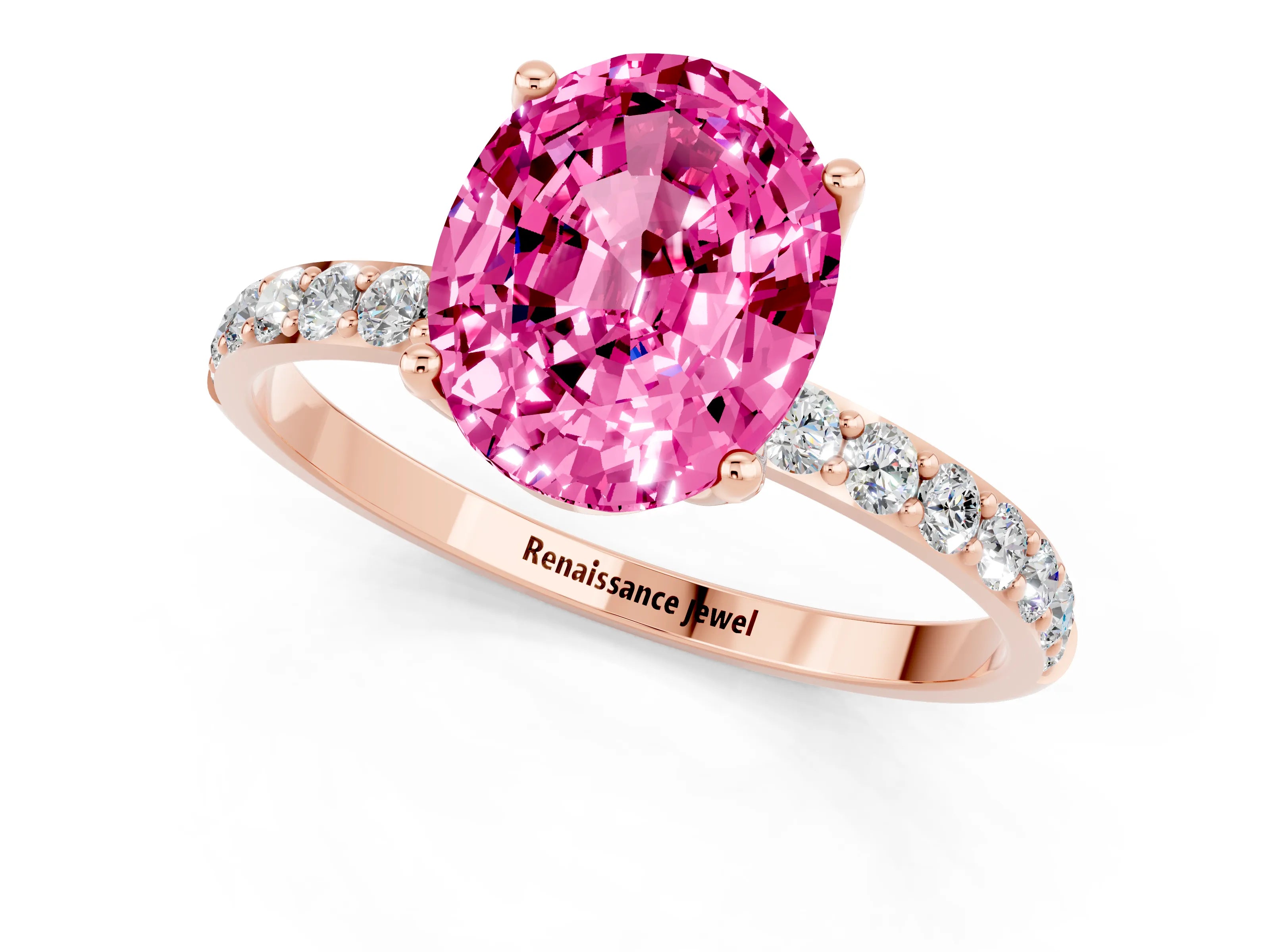 Rose gold Oval Cut Pink Sapphire Solitaire Engagement Ring with Pavé Band and Prong Setting_1