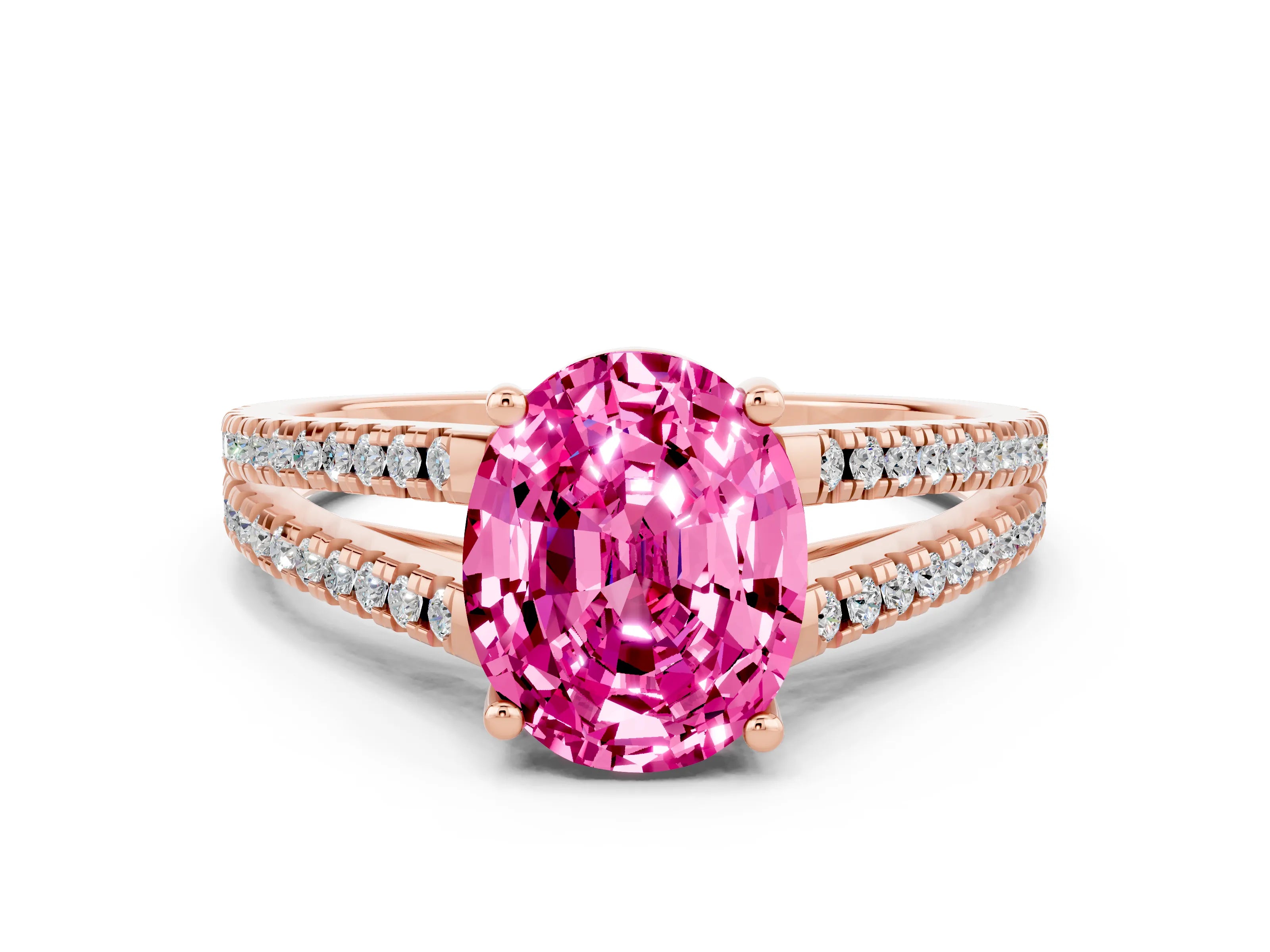 Rose gold Oval Cut Pink Sapphire Solitaire Engagement Ring with Split Shank Pavé Band_12