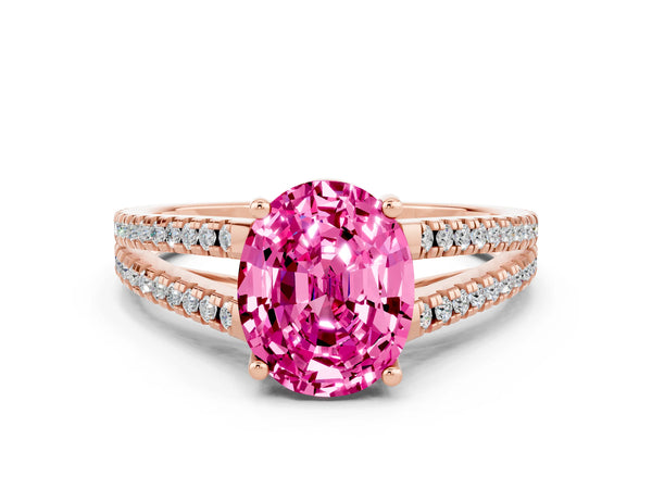 Rose gold Oval Cut Pink Sapphire Solitaire Engagement Ring with Split Shank Pavé Band