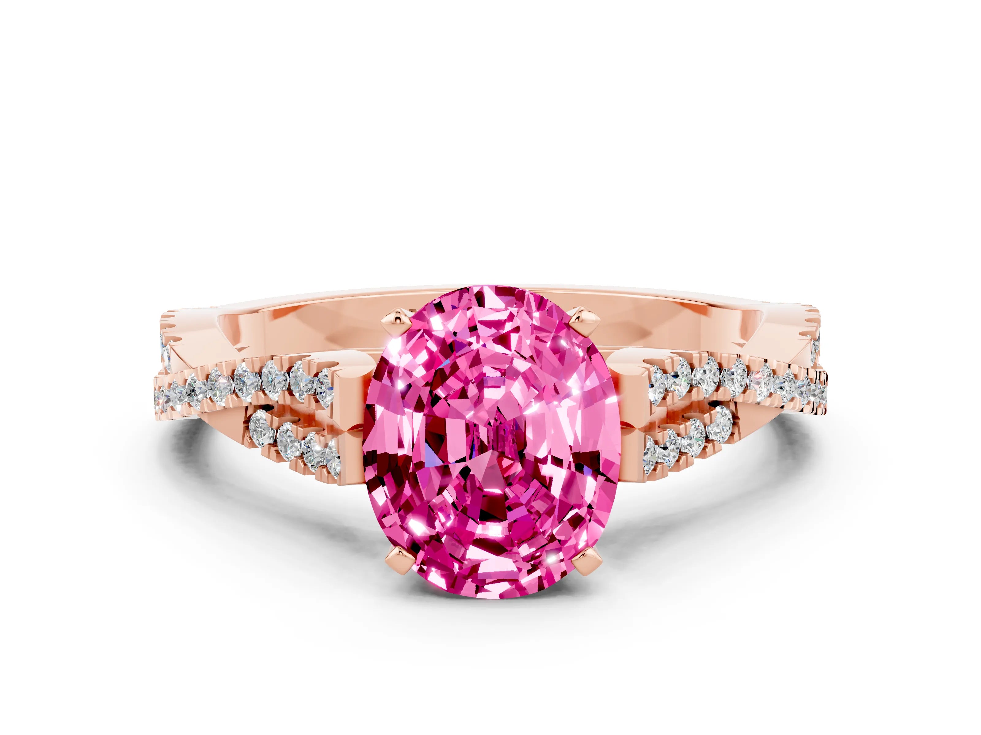 Rose gold Oval Cut Pink Sapphire Solitaire Engagement Ring with Twisted Pavé Band and Four-Prong Setting_12