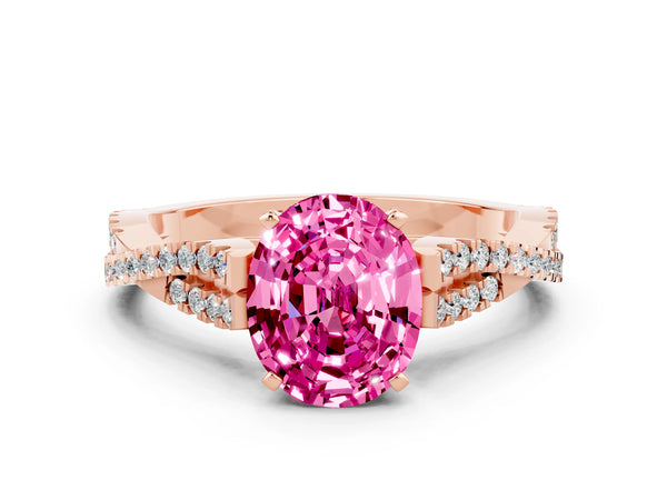 Rose gold Oval Cut Pink Sapphire Solitaire Engagement Ring with Twisted Pavé Band and Four-Prong Setting
