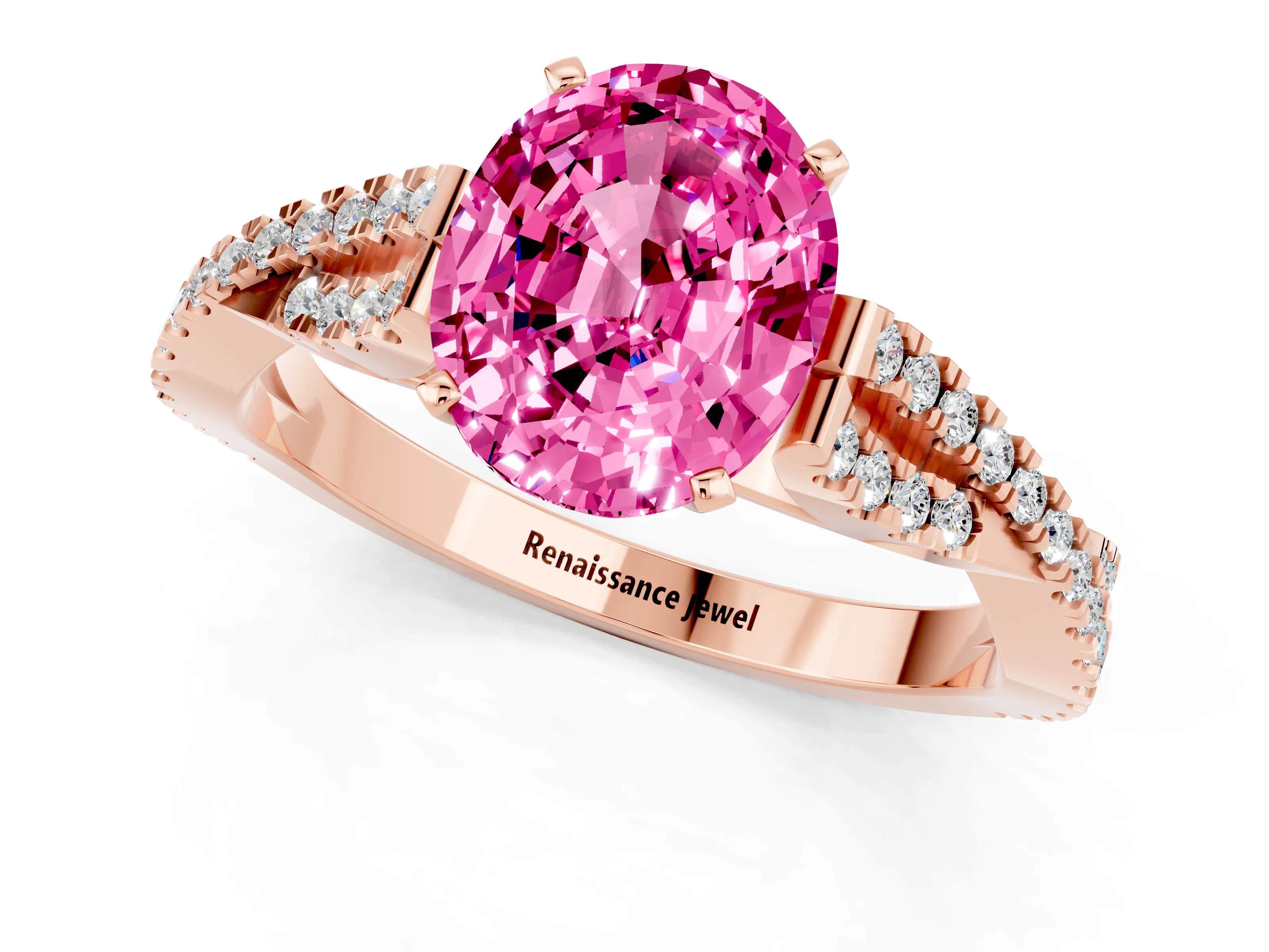 Rose gold Oval Cut Pink Sapphire Solitaire Engagement Ring with Twisted Pavé Band and Four-Prong Setting_13