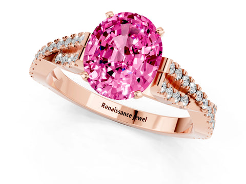 Rose gold Oval Cut Pink Sapphire Solitaire Engagement Ring with Twisted Pavé Band and Four-Prong Setting_13