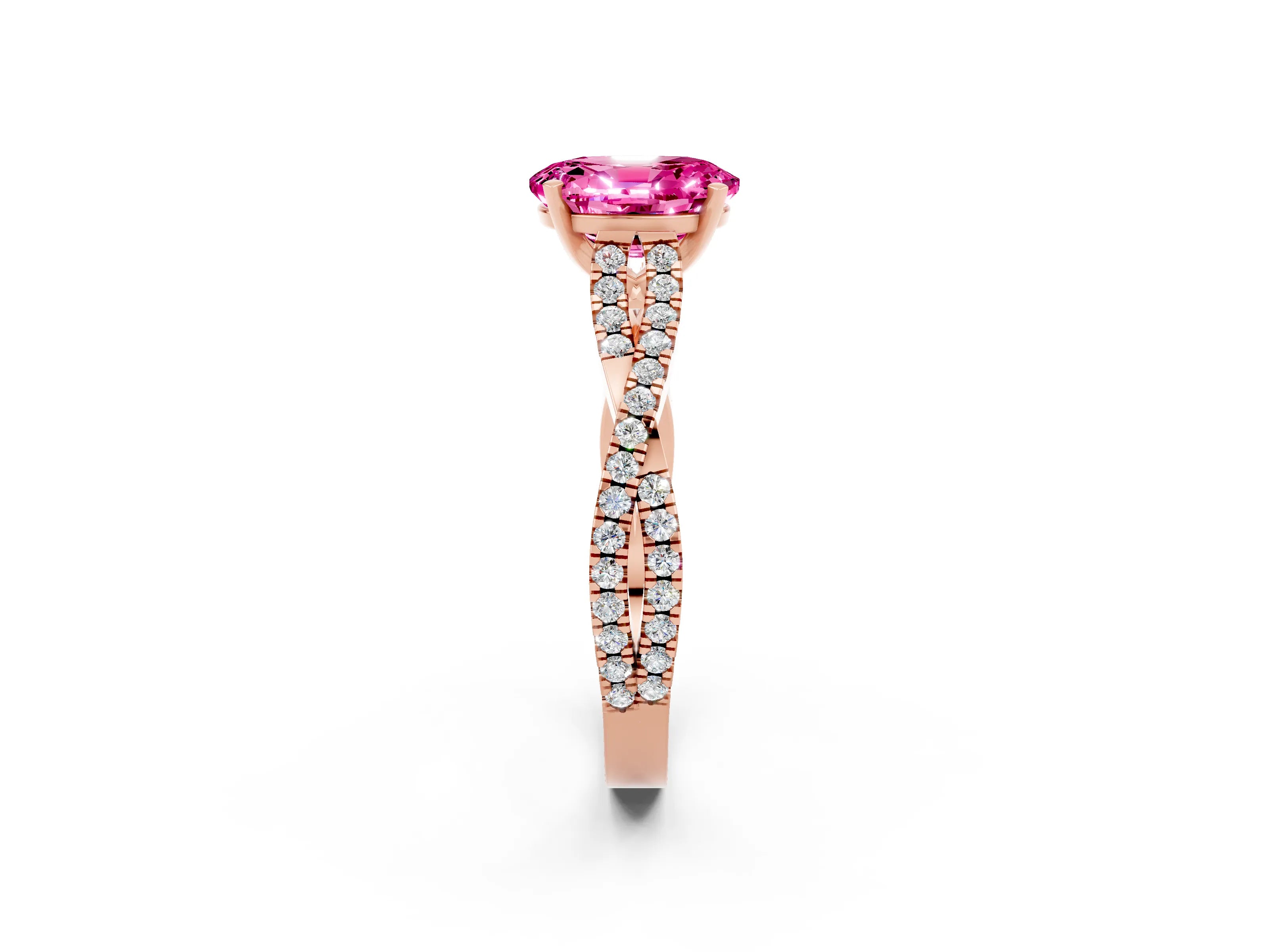 Rose gold Oval Cut Pink Sapphire Solitaire Engagement Ring with Twisted Pavé Band and Four-Prong Setting_14