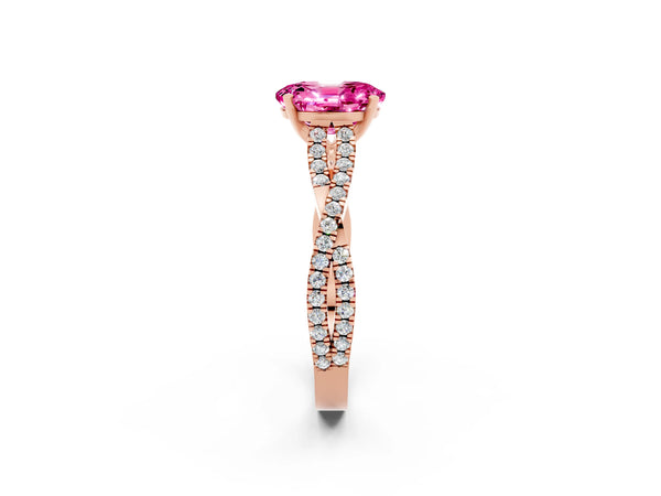 Rose gold Oval Cut Pink Sapphire Solitaire Engagement Ring with Twisted Pavé Band and Four-Prong Setting