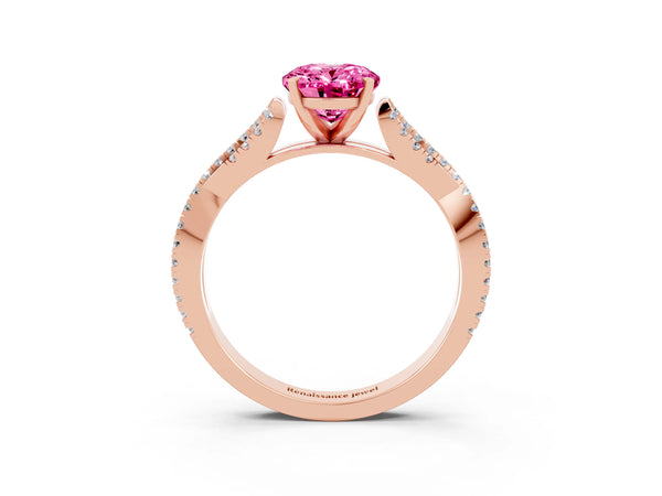 Rose gold Oval Cut Pink Sapphire Solitaire Engagement Ring with Twisted Pavé Band and Four-Prong Setting