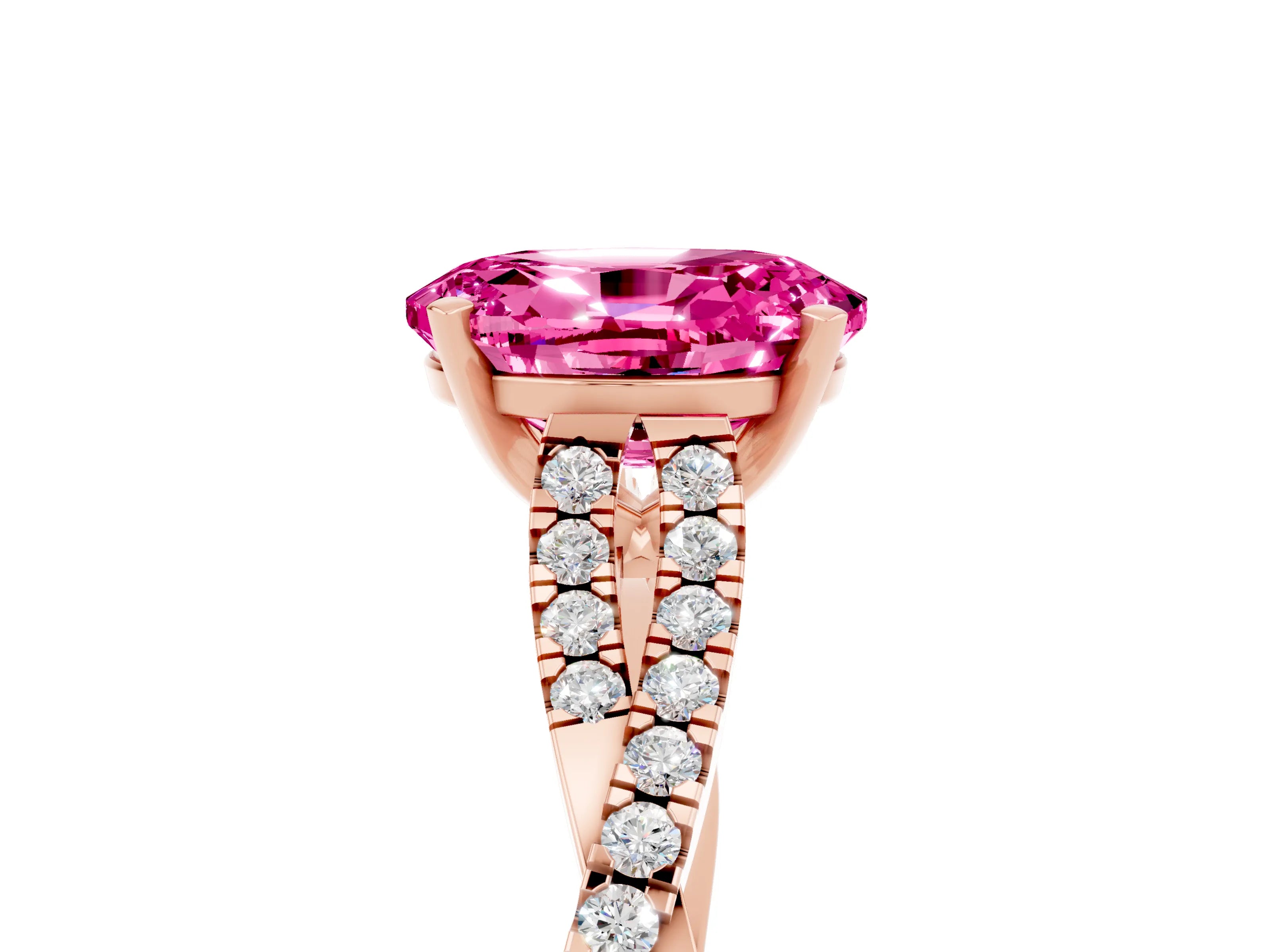Rose gold Oval Cut Pink Sapphire Solitaire Engagement Ring with Twisted Pavé Band and Four-Prong Setting_17