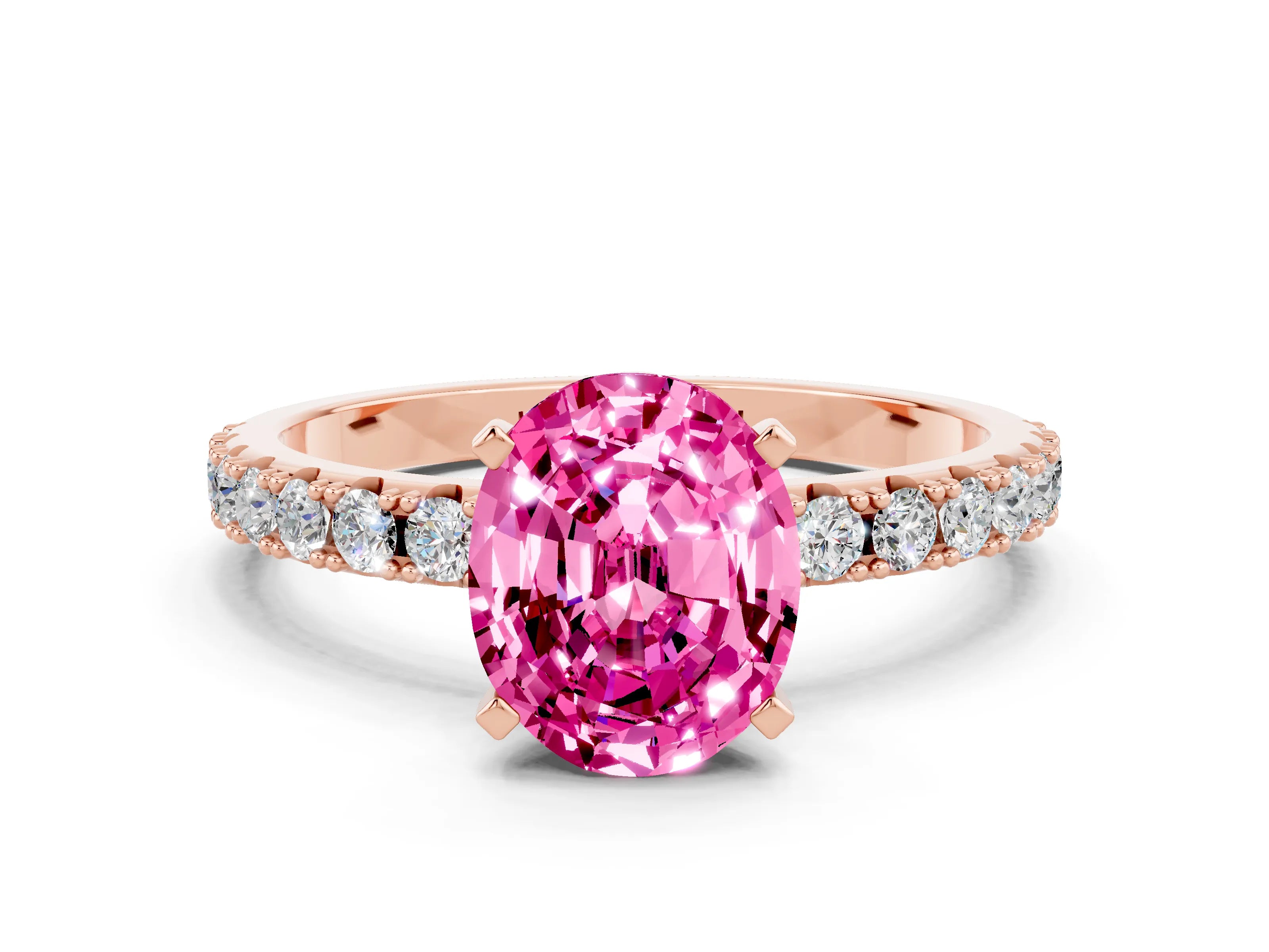 Rose gold Oval Cut Pink Sapphire Solitaire Pavé Band with Four-Prong Setting_24