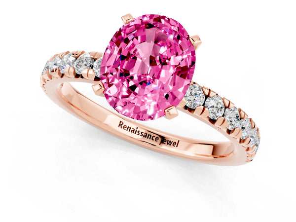 Rose gold Oval Cut Pink Sapphire Solitaire Pavé Engagement Ring with Round Band and Prong Setting