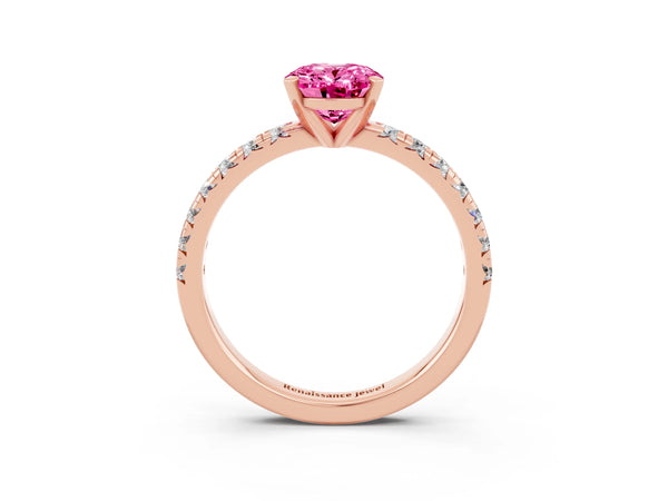 Rose gold Oval Cut Pink Sapphire Solitaire Pavé Engagement Ring with Round Band and Prong Setting