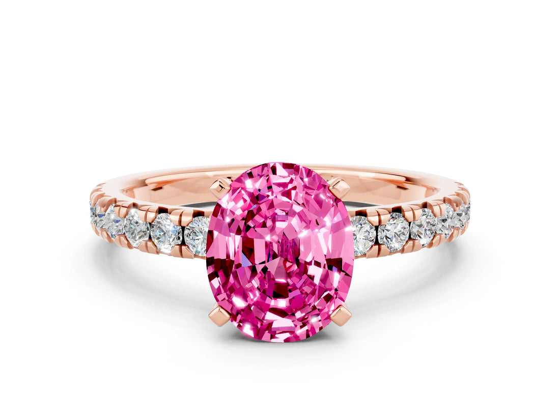 Rose gold Oval Cut Pink Sapphire Solitaire Pavé Engagement Ring with Round Band and Prong Setting_72