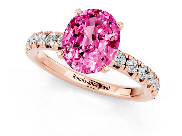 Rose gold Oval Cut Pink Sapphire Solitaire Pavé Engagement Ring with Round Band and Prong Setting