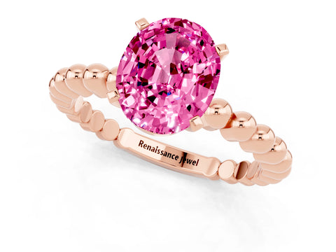 Rose gold Oval Cut Pink Sapphire Solitaire Ring with Beaded Band and Prong Setting_1