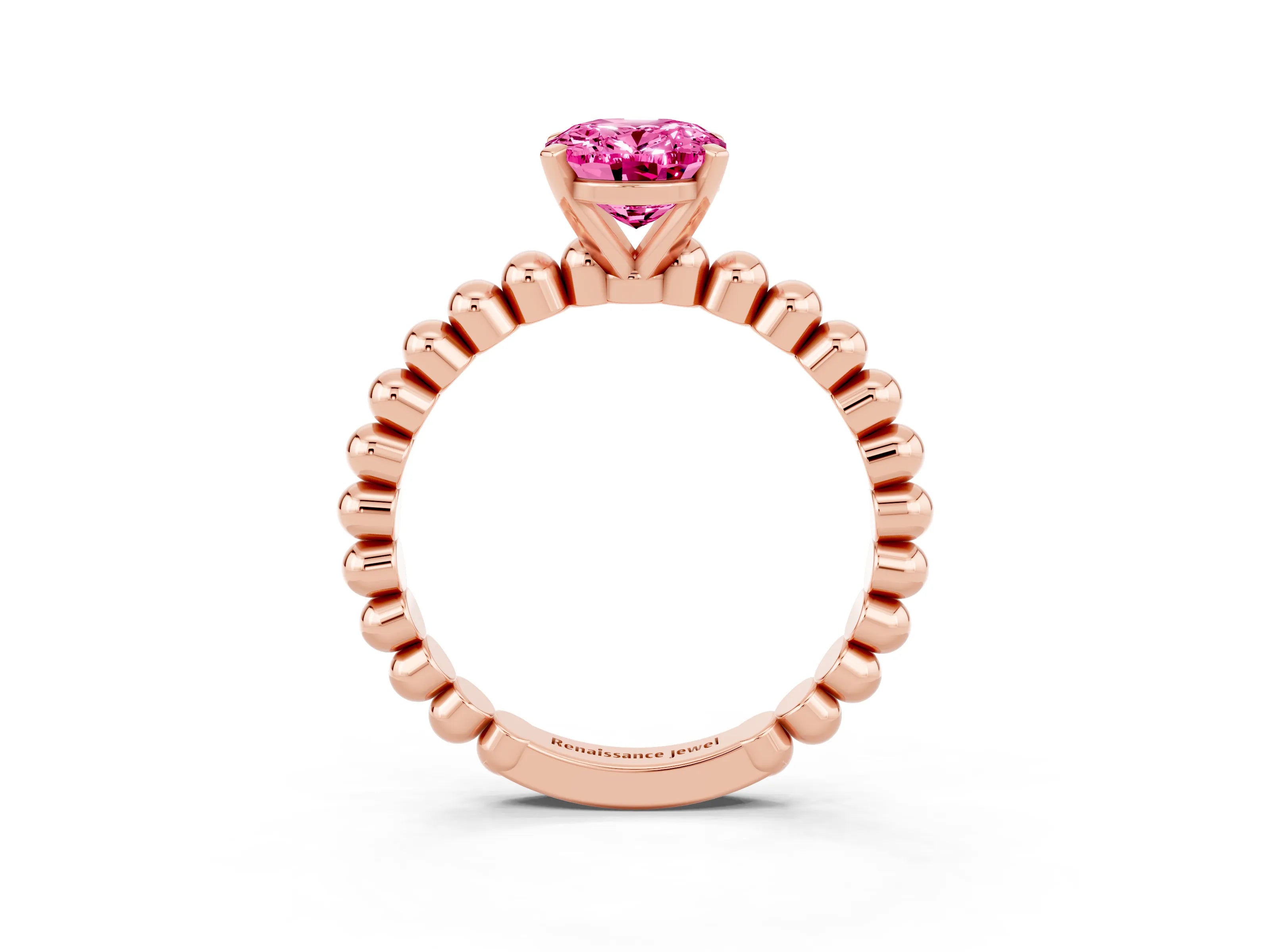 Rose gold Oval Cut Pink Sapphire Solitaire Ring with Beaded Band and Prong Setting_3