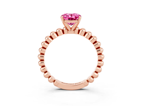 Rose gold Oval Cut Pink Sapphire Solitaire Ring with Beaded Band and Prong Setting