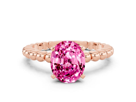 Rose gold Oval Cut Pink Sapphire Solitaire Ring with Beaded Band and Prong Setting