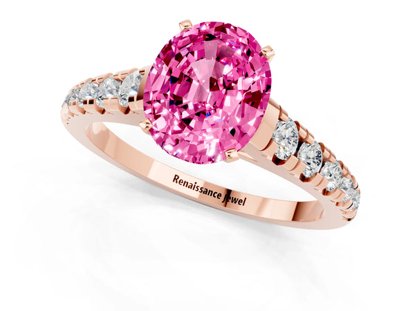Rose gold Oval Cut Pink Sapphire Cathedral Solitaire Ring with Round  Pavé Band
