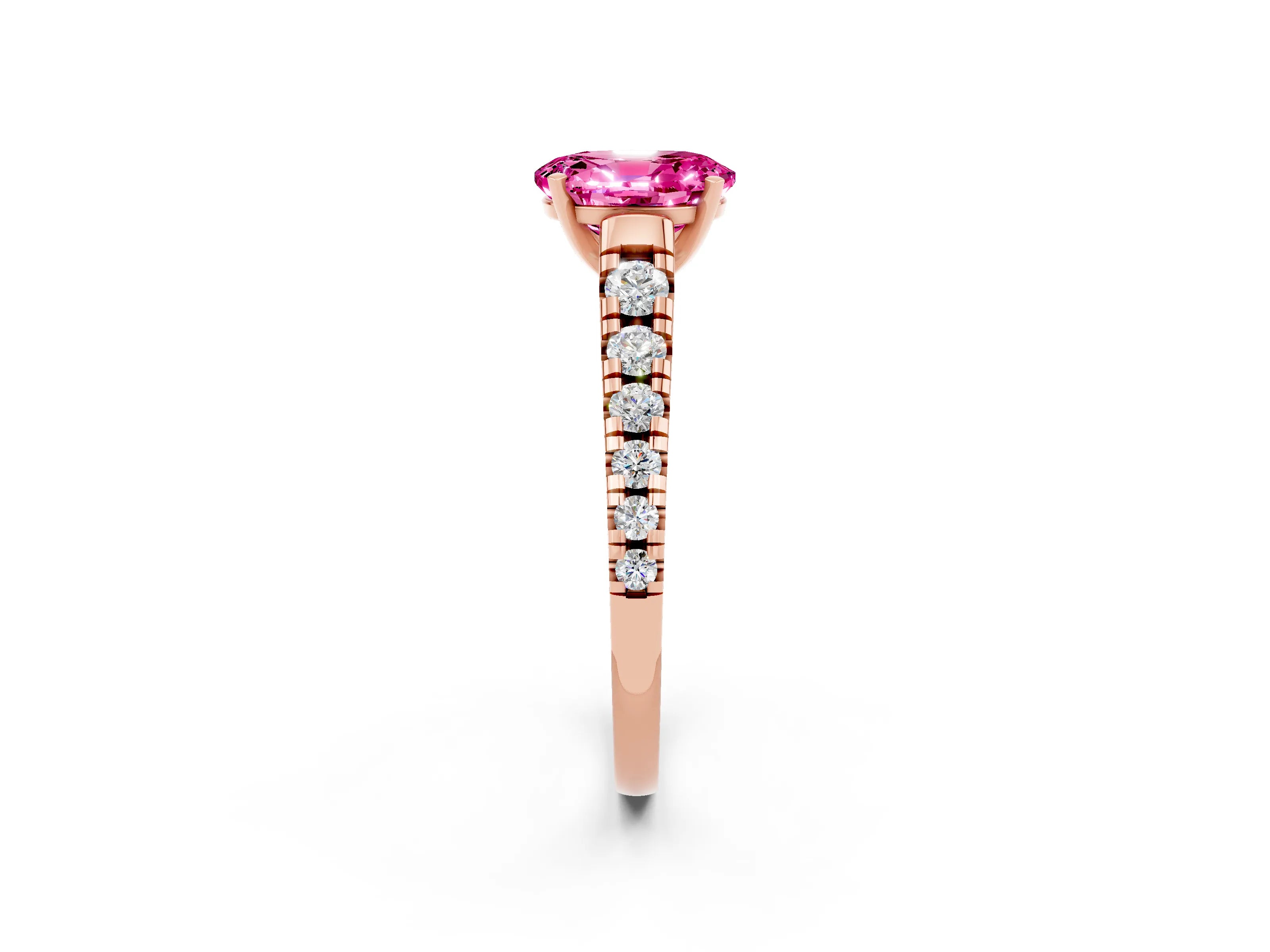 Rose gold Oval Cut Pink Sapphire Solitaire Ring with Cathedral Setting and Pavé Band_26