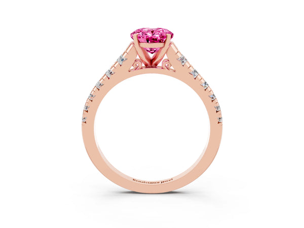 Rose gold Oval Cut Pink Sapphire Cathedral Solitaire Ring with Round  Pavé Band