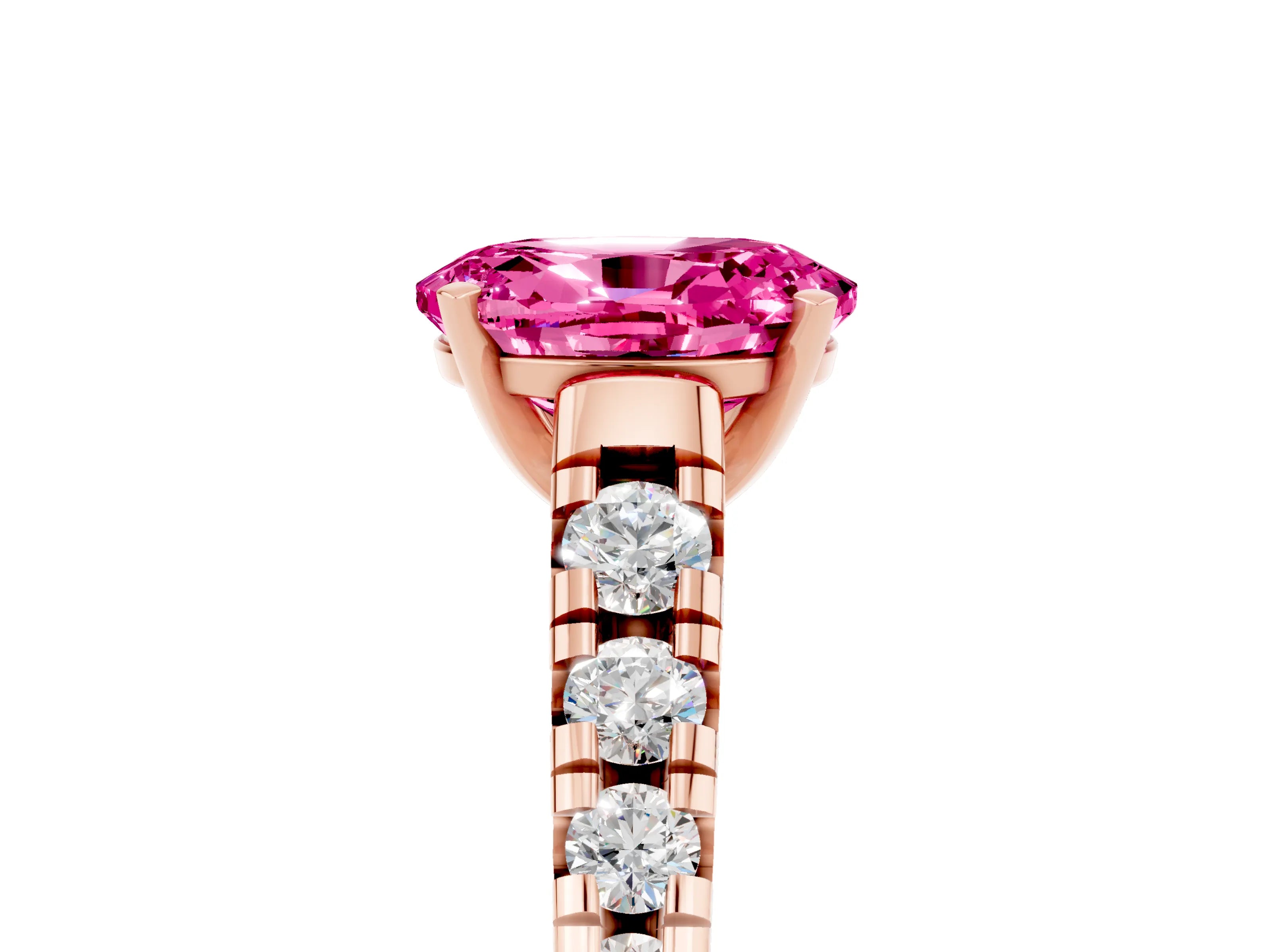 Rose gold Oval Cut Pink Sapphire Solitaire Ring with Cathedral Setting and Pavé Band_29