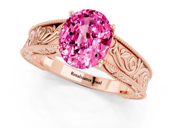 Rose gold Oval Cut Pink Sapphire Solitaire Ring with Engraved Band and Four-Prong Setting