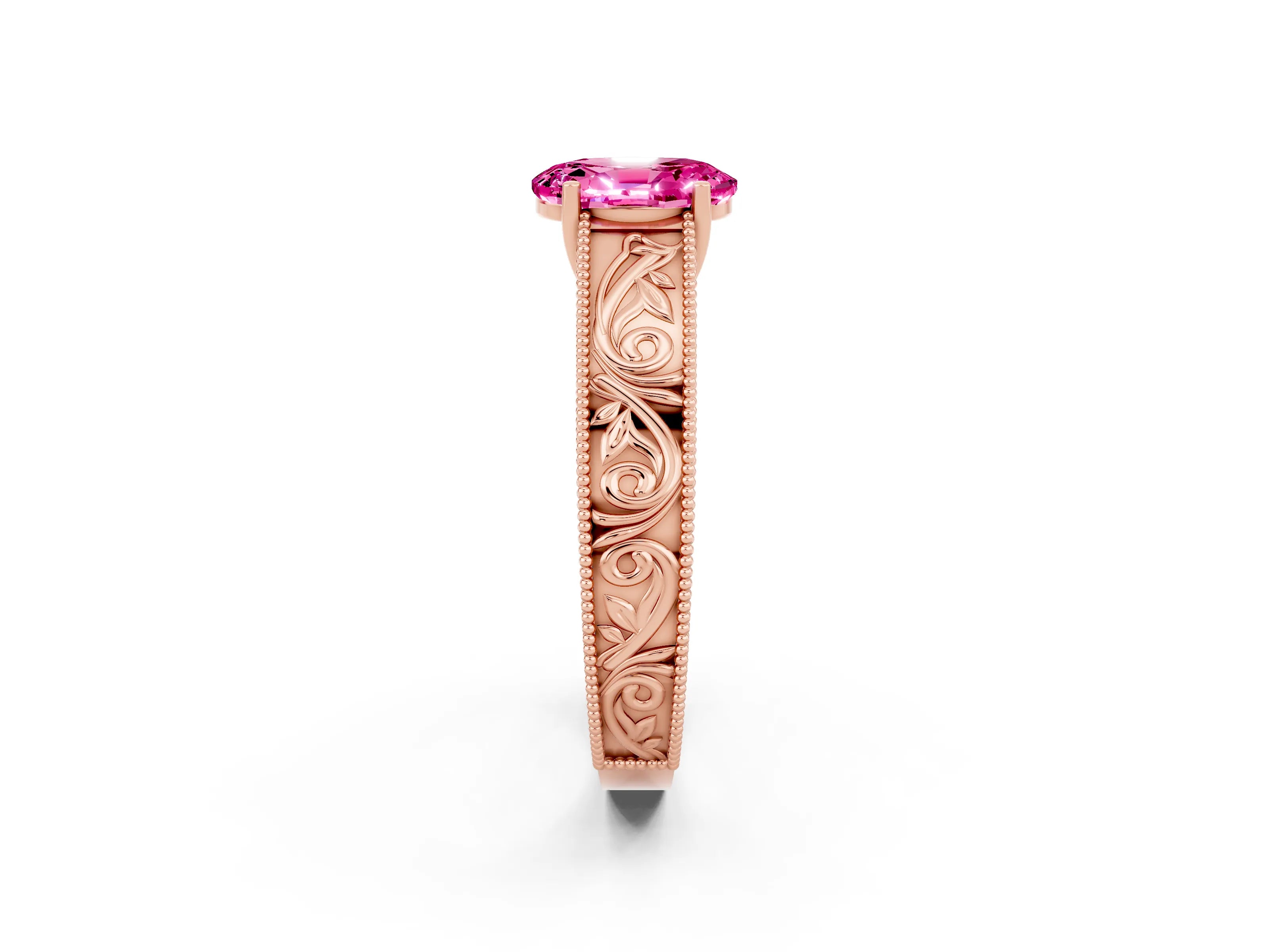 Rose gold Oval Cut Pink Sapphire Solitaire Ring with Engraved Band and Four-Prong Setting_2