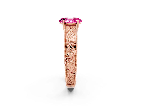 Rose gold Oval Cut Pink Sapphire Solitaire Ring with Engraved Band and Four-Prong Setting