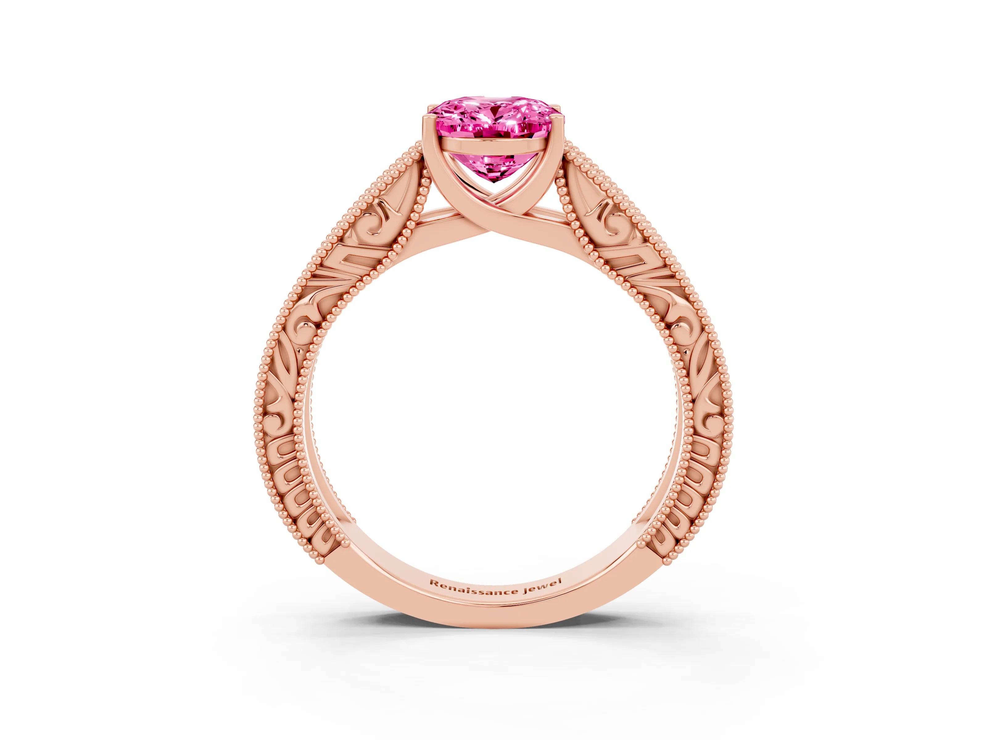 Rose gold Oval Cut Pink Sapphire Solitaire Ring with Engraved Band and Four-Prong Setting_3