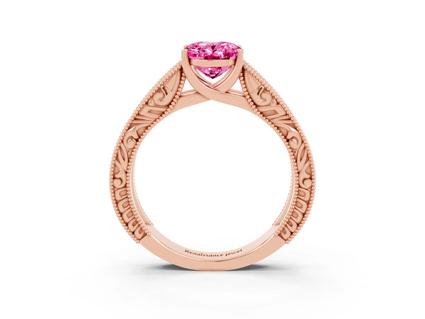 Rose gold Oval Cut Pink Sapphire Solitaire Ring with Engraved Band and Four-Prong Setting