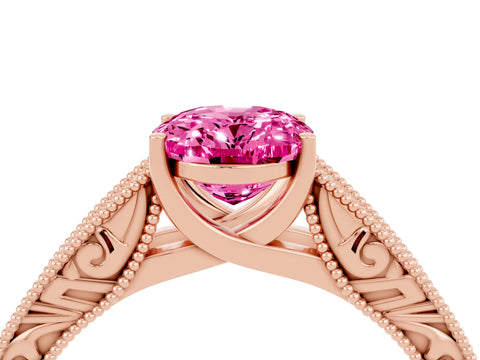 Rose gold Oval Cut Pink Sapphire Solitaire Ring with Engraved Band and Four-Prong Setting_4