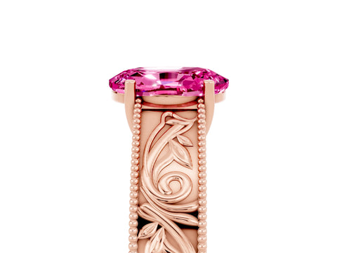 Rose gold Oval Cut Pink Sapphire Solitaire Ring with Engraved Band and Four-Prong Setting_5