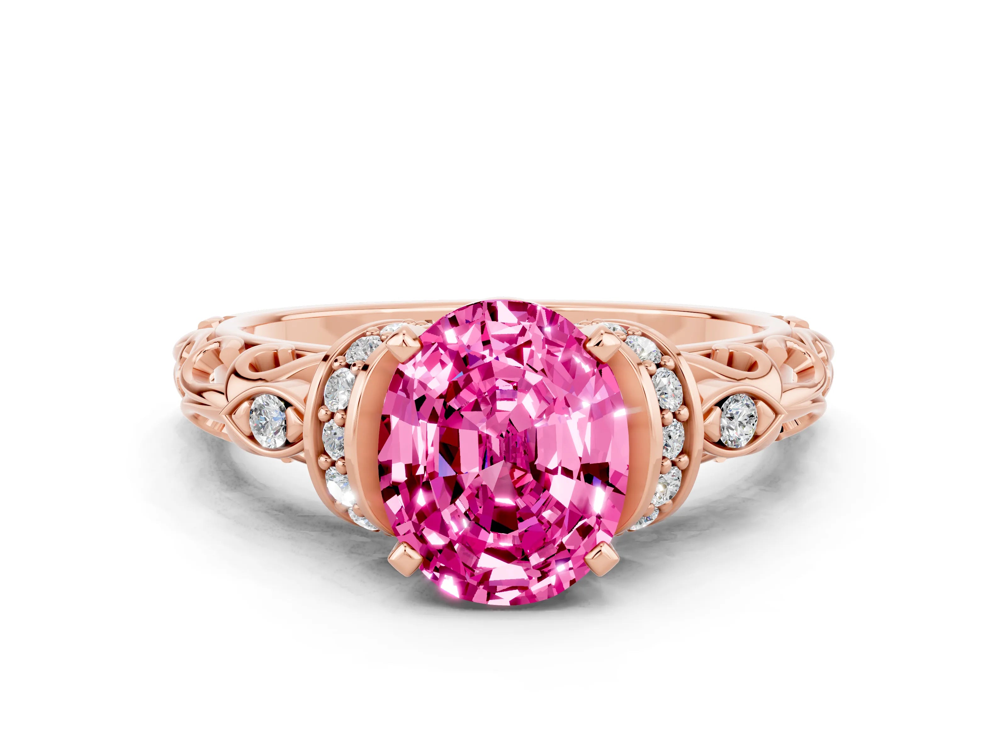 Rose gold Oval Cut Pink Sapphire Solitaire Ring with Filigree Band and Four-Prong Setting_48