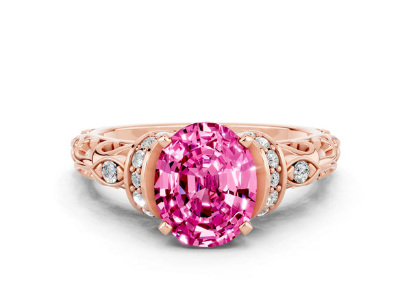 Rose gold Oval Cut Pink Sapphire Solitaire Ring with Filigree Band and Four-Prong Setting