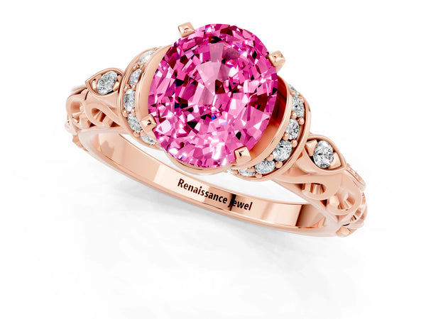 Rose gold Oval Cut Pink Sapphire Solitaire Ring with Filigree Band and Four-Prong Setting