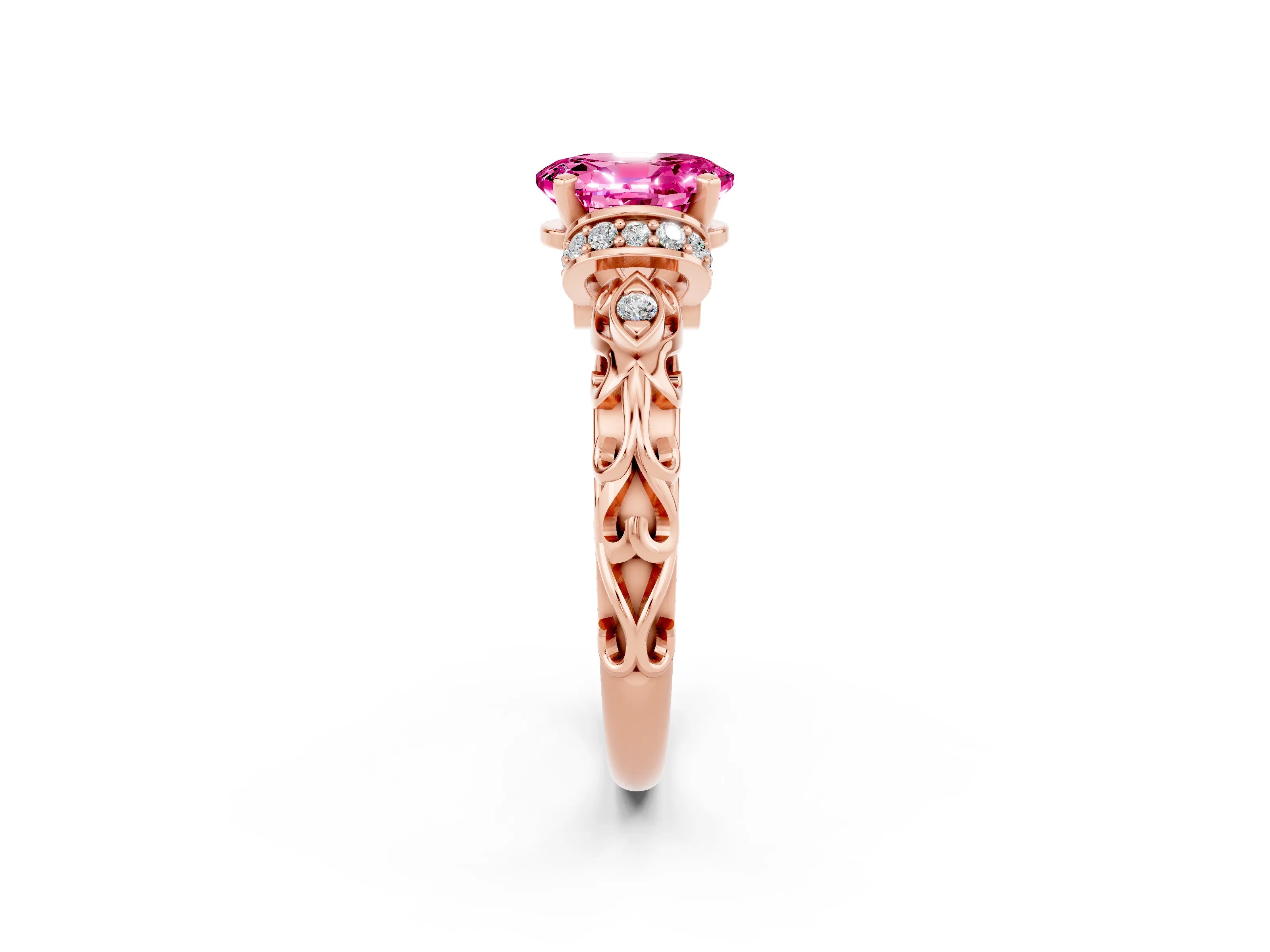 Rose gold Oval Cut Pink Sapphire Solitaire Ring with Filigree Band and Four-Prong Setting_50