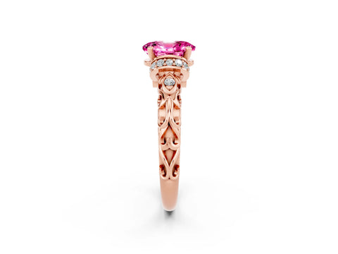 Rose gold Oval Cut Pink Sapphire Solitaire Ring with Filigree Band and Four-Prong Setting_50