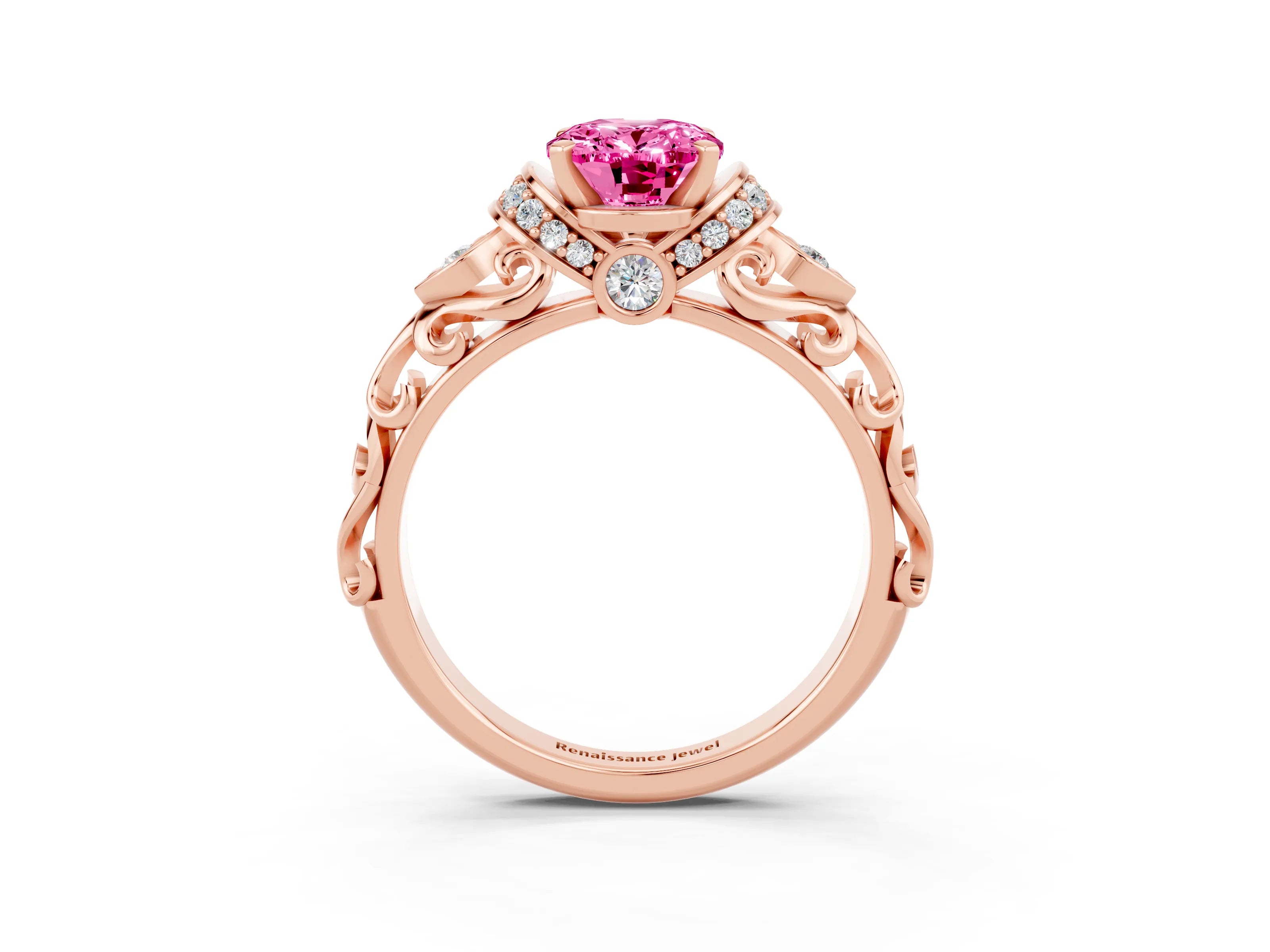 Rose gold Oval Cut Pink Sapphire Solitaire Ring with Filigree Band and Four-Prong Setting_51