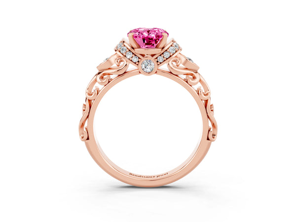 Rose gold Oval Cut Pink Sapphire Solitaire Ring with Filigree Band and Four-Prong Setting