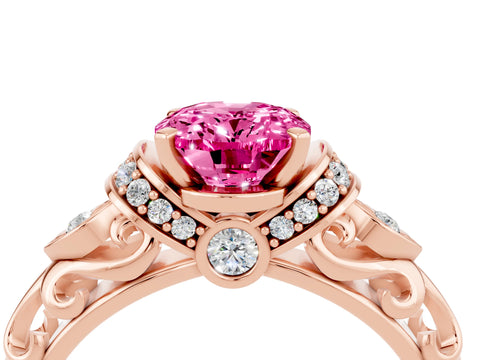 Rose gold Oval Cut Pink Sapphire Solitaire Ring with Filigree Band and Four-Prong Setting_52