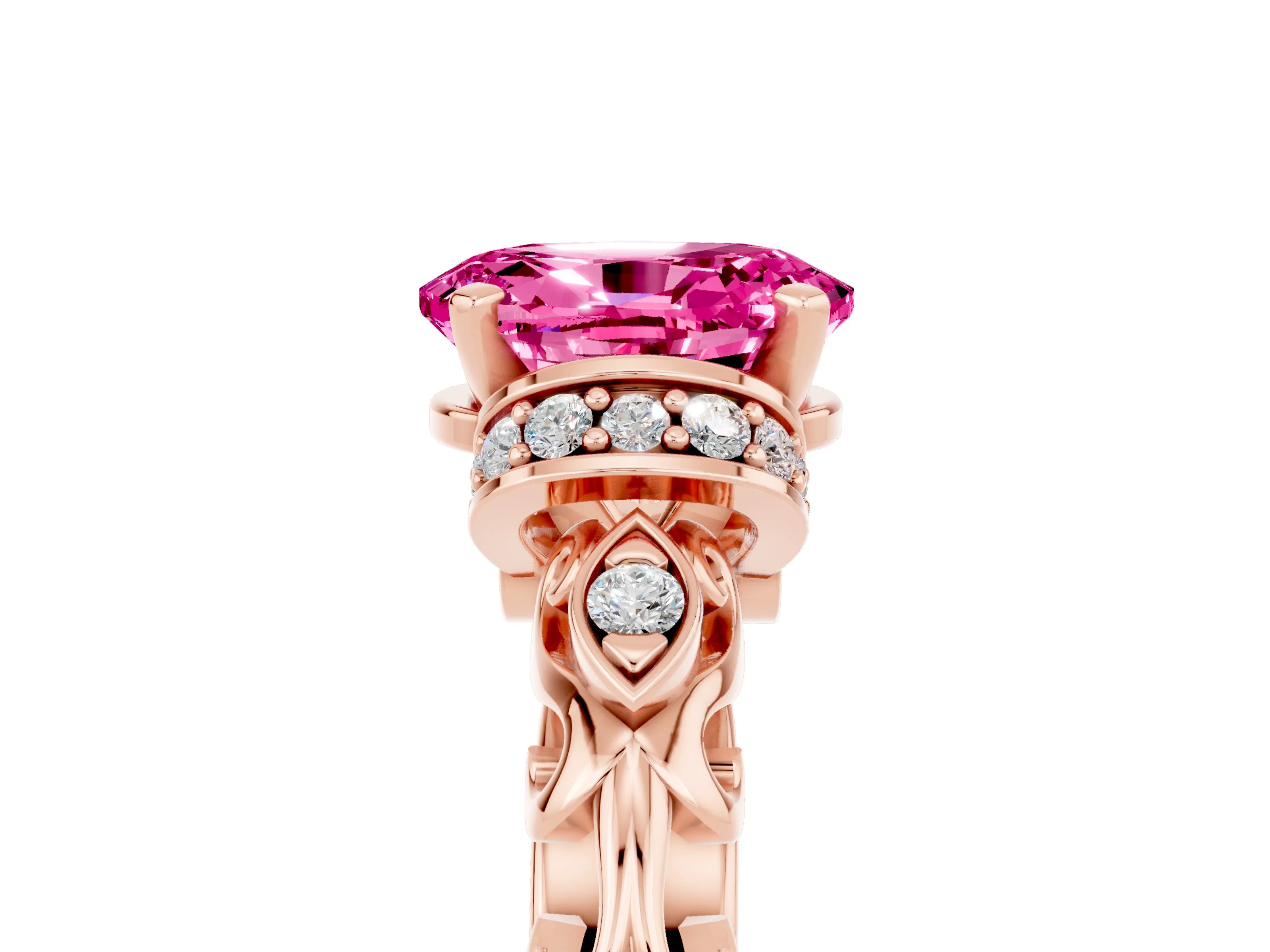 Rose gold Oval Cut Pink Sapphire Solitaire Ring with Filigree Band and Four-Prong Setting_53
