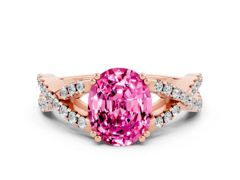 Rose gold Oval Cut Pink Sapphire Solitaire Ring with Four-Prong Setting and Twisted Pavé Band_12