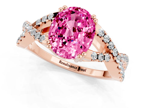 Rose gold Oval Cut Pink Sapphire Solitaire Ring with Four-Prong Setting and Twisted Pavé Band_13