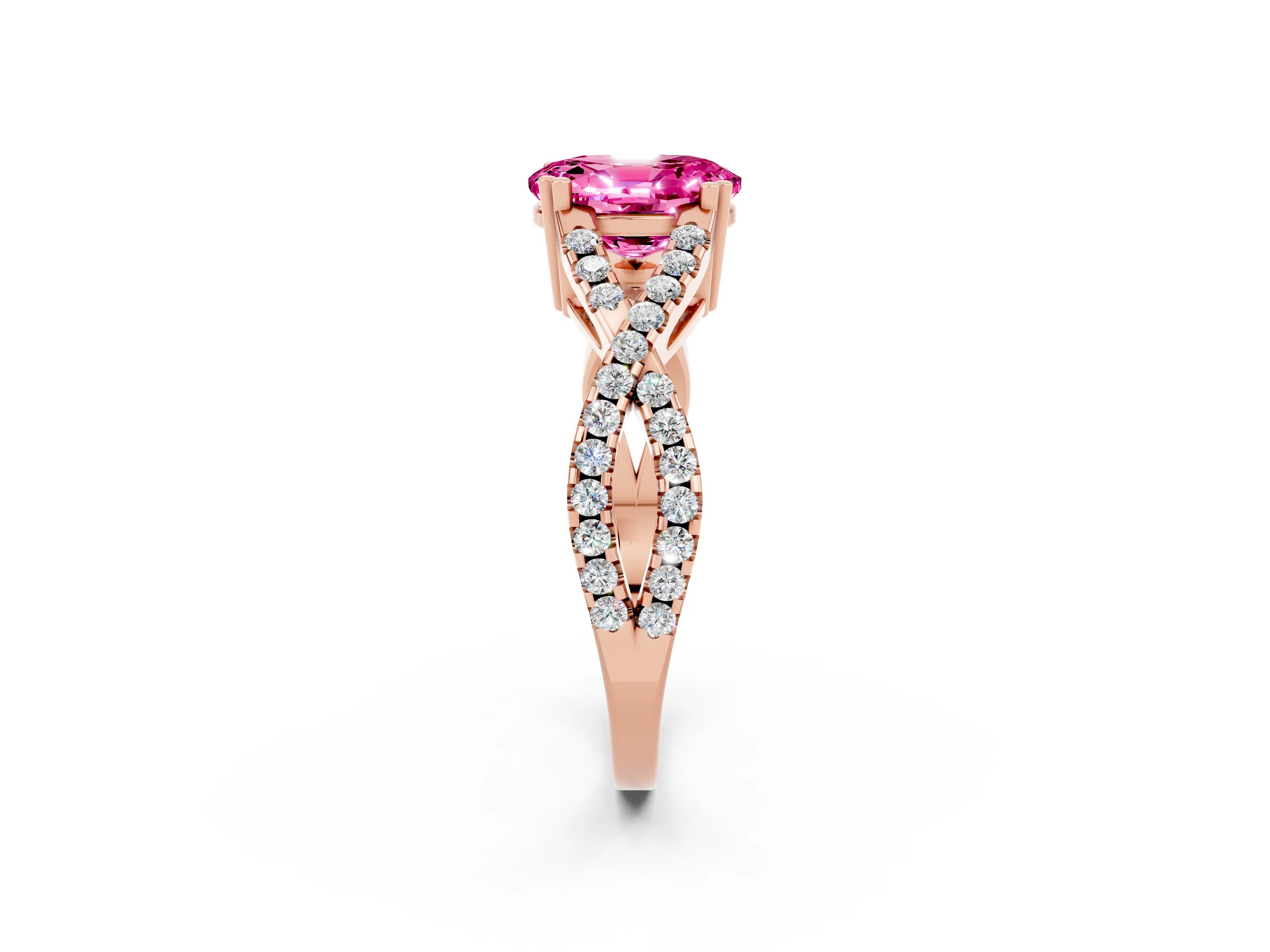 Rose gold Oval Cut Pink Sapphire Solitaire Ring with Four-Prong Setting and Twisted Pavé Band_14