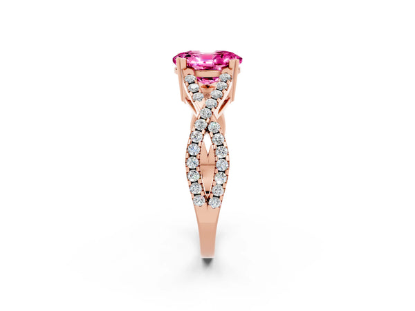 Rose gold Oval Cut Pink Sapphire Solitaire Ring with Four-Prong Setting and Twisted Pavé Band