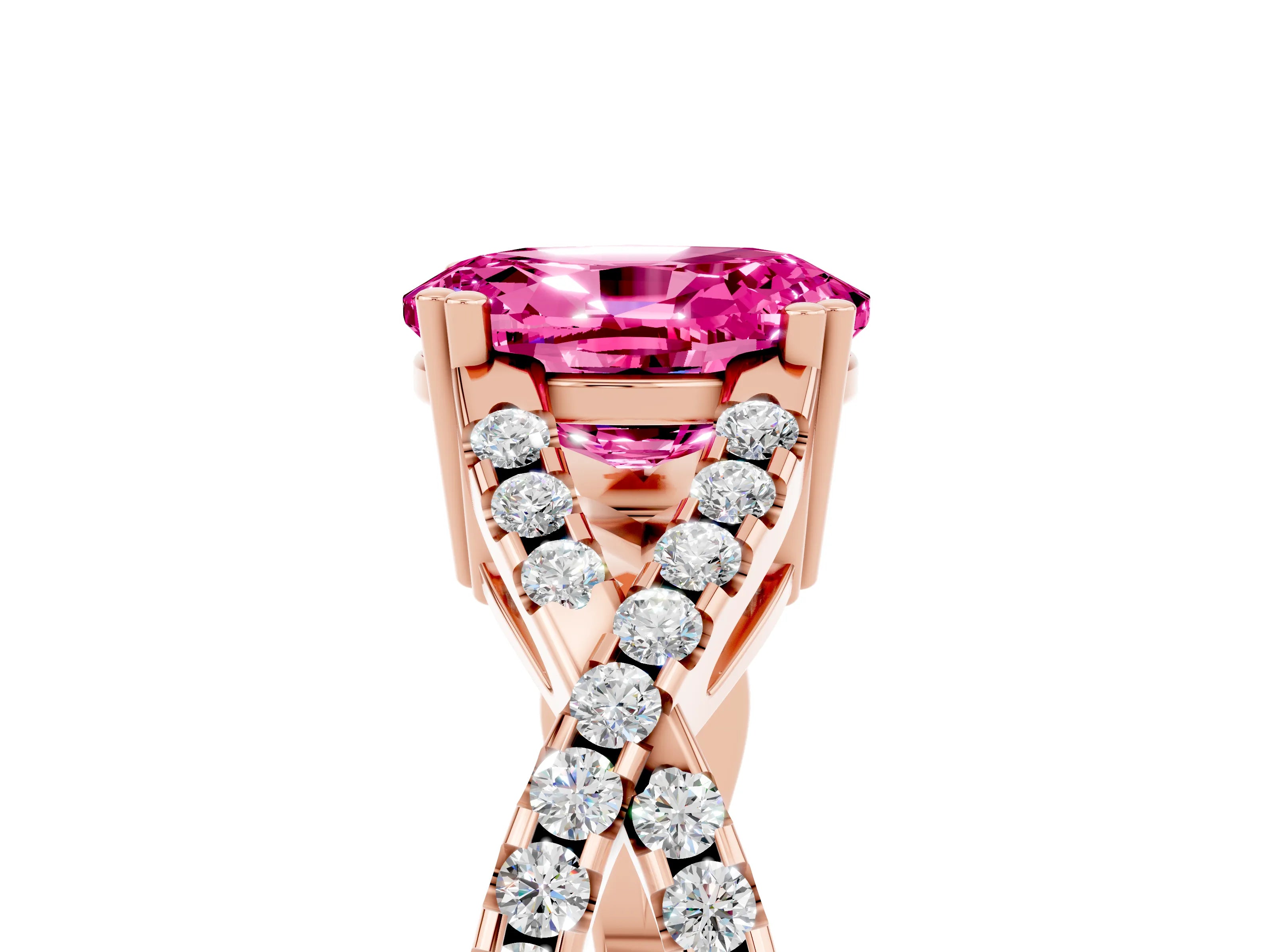 Rose gold Oval Cut Pink Sapphire Solitaire Ring with Four-Prong Setting and Twisted Pavé Band_17