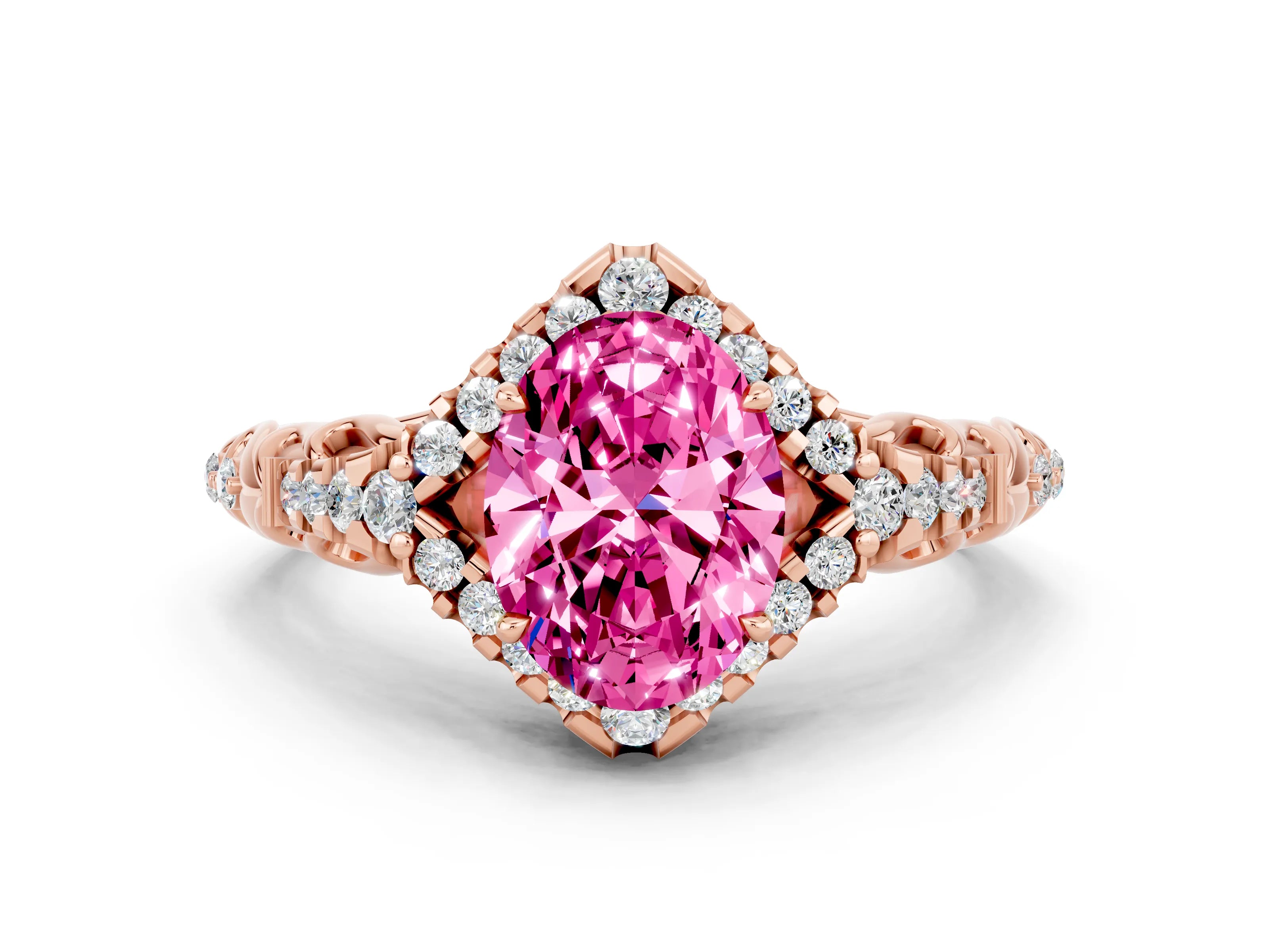 Rose gold Oval Cut Pink Sapphire Solitaire Ring with Hidden Halo and Pavé Band_12