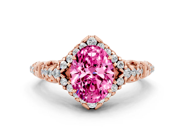Rose gold Oval Cut Pink Sapphire Solitaire Ring with Hidden Halo and Pavé Band